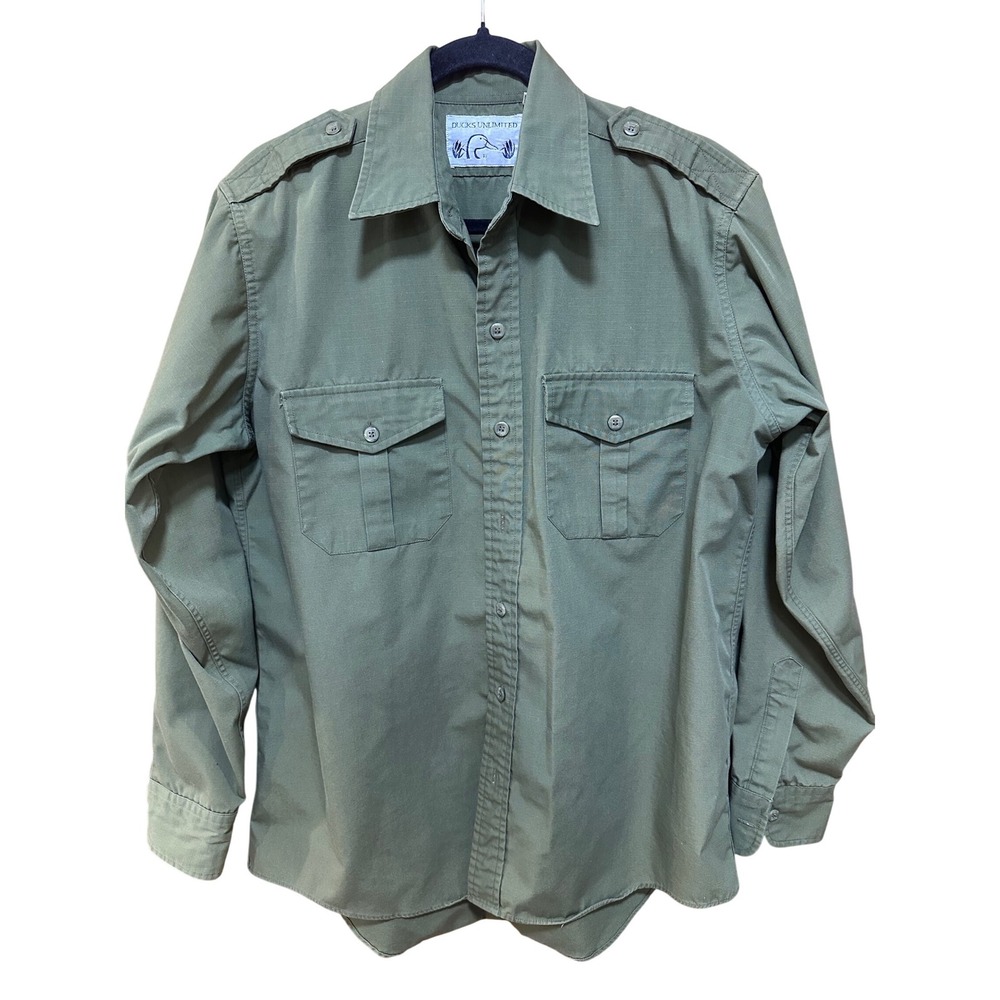 Ducks Unlimited Mens Olive Green Ripstop Utility Shirt Military Style Medium
